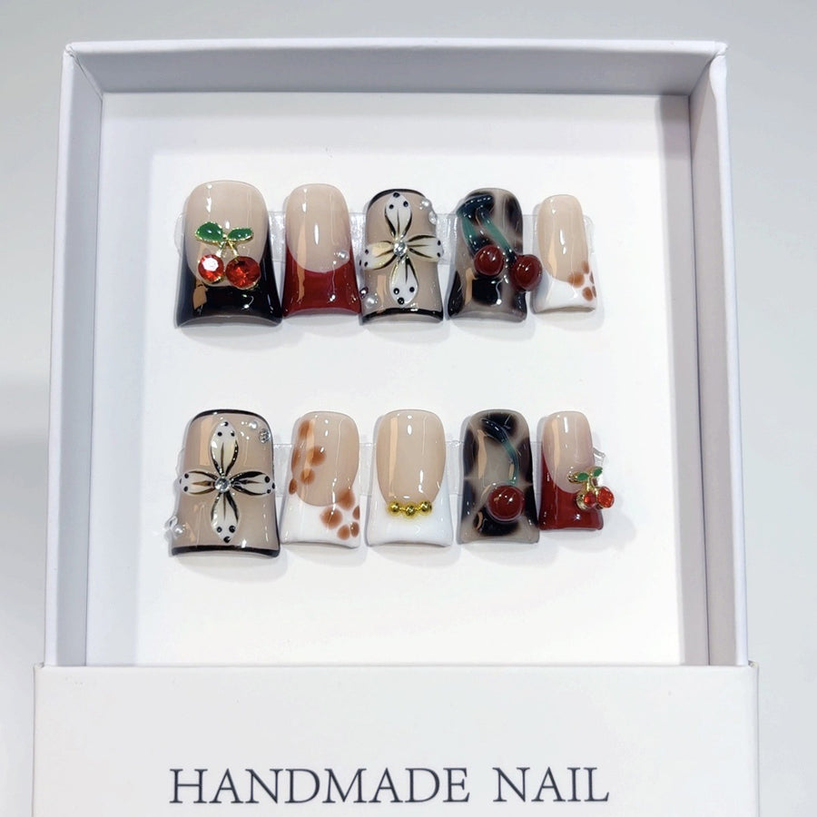 Vintage Cherry: "Retro Fruit Mix" – Square Shape Handmade Press-On Nails