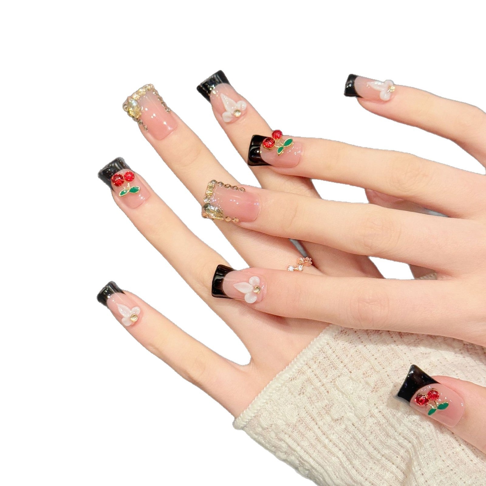365nails: "Cherry Noir" – 3D 과일 & 리본 수제 미디엄 스퀘어형 네일