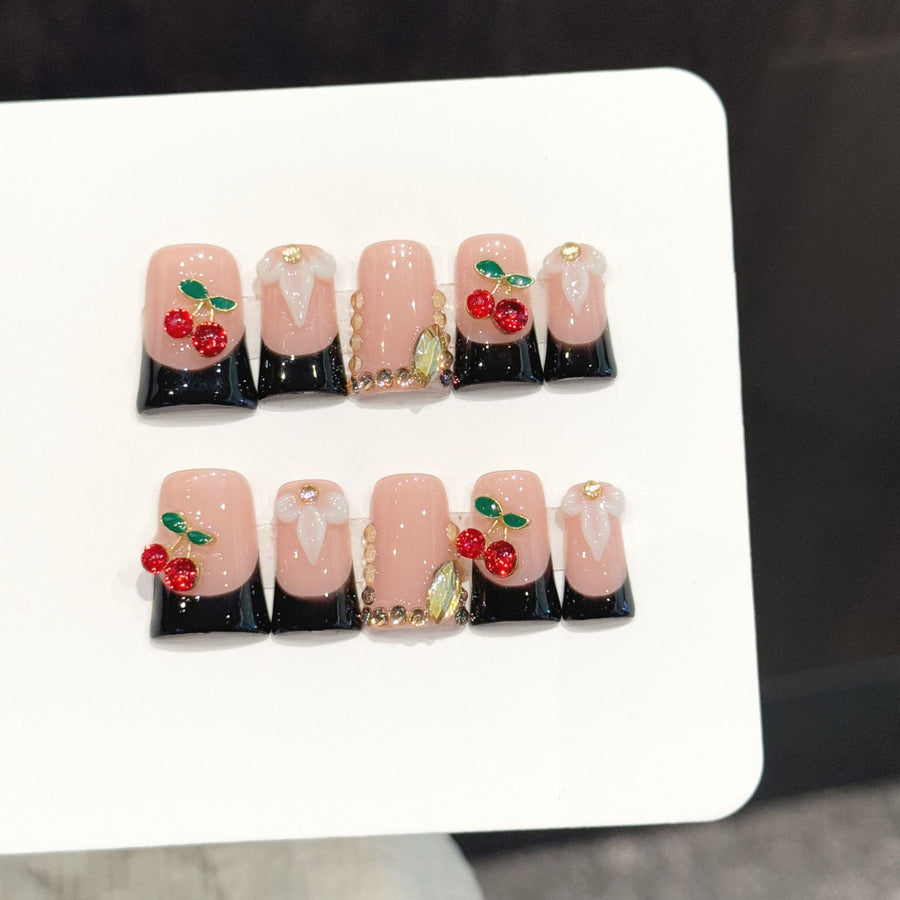 365nails: "Cherry Noir" – 3D Fruit & Bow Handmade Medium Square Nails