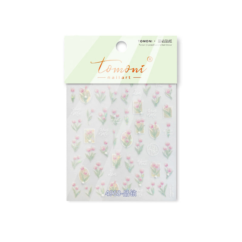 Crystal Pink Tulip & Love Script: "Ethereal Spring Tulip" – 5D Embossed Nail Sticker