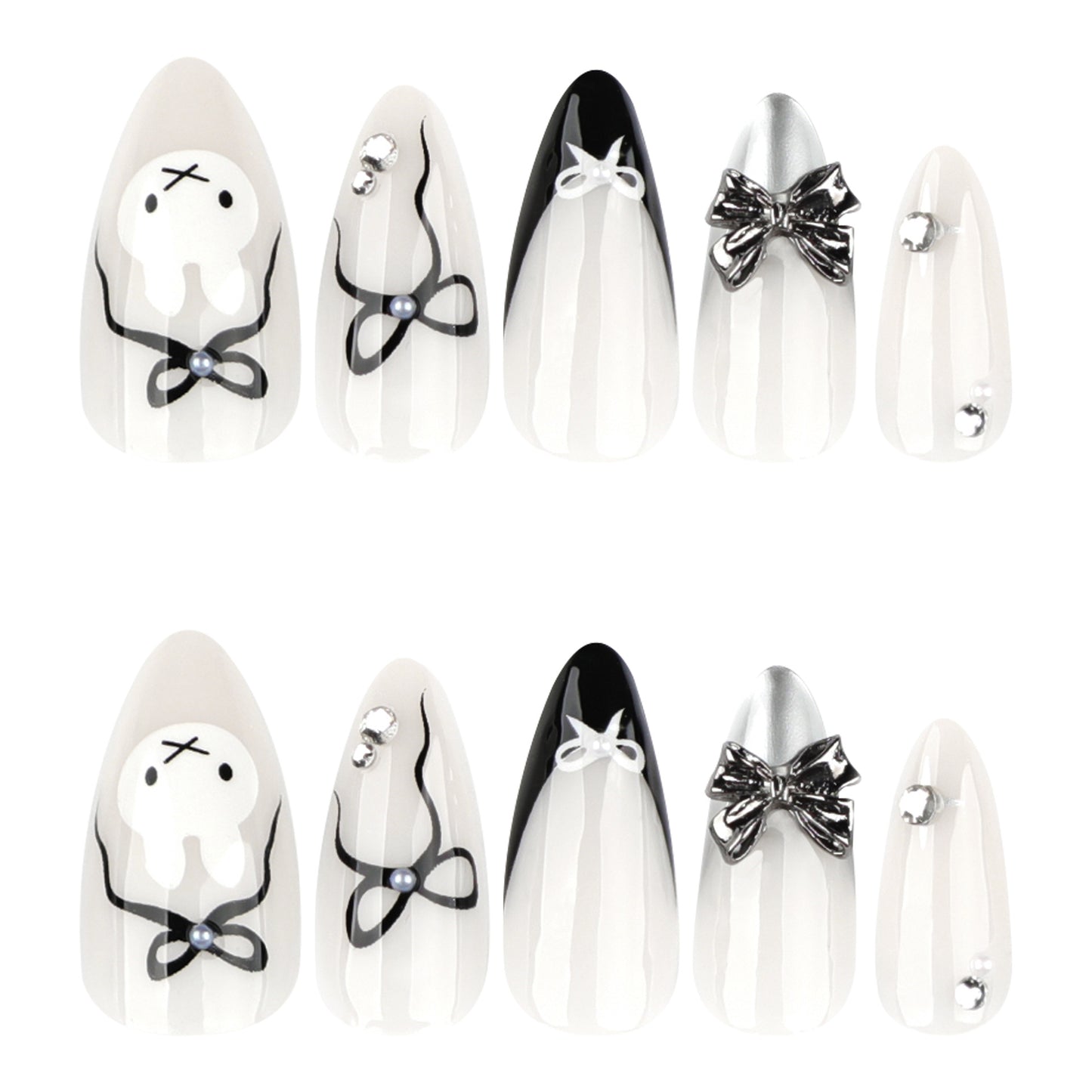 Sweet and Cool Short Almond French Black Metal Bow press-on nails