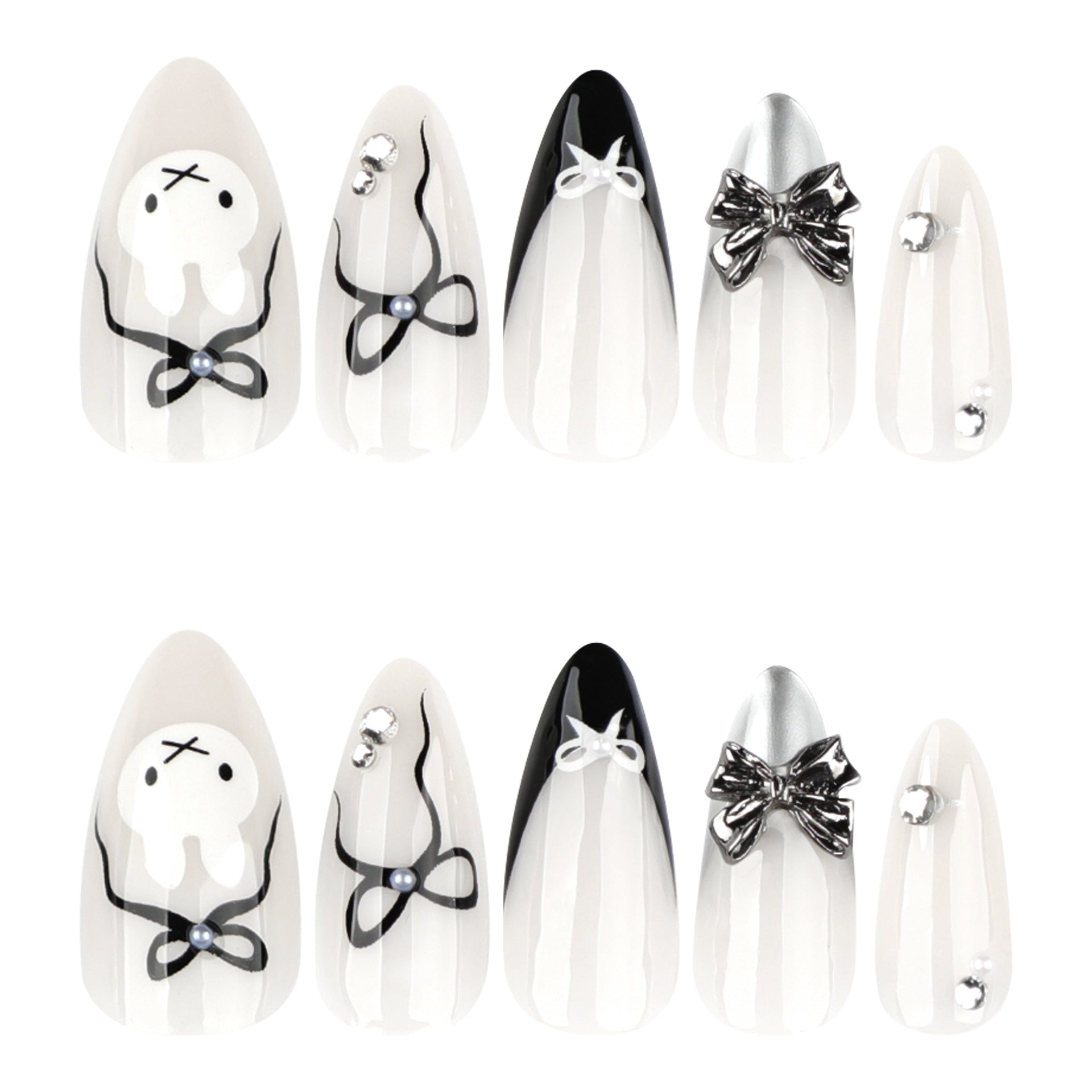 Sweet and Cool Short Almond French Black Metal Bow press-on nails
