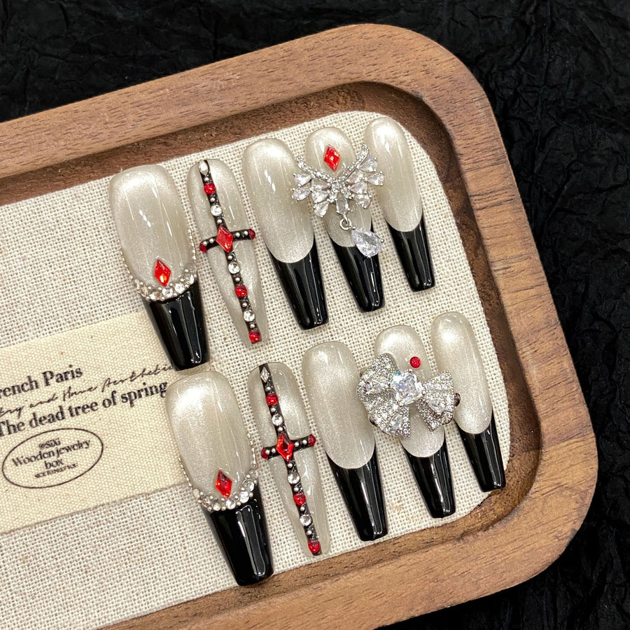 365nails: "Gothic Redemption" – 3D Cross & French Tip Handmade Coffin Nails