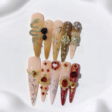Baroque Gold Heart Crystal Extra Long Press On Nails