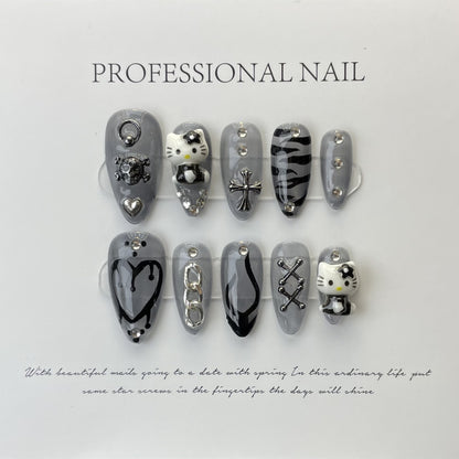 Kulomi sweet and cool manicure full of diamonds, love row diamonds, zircon super flash metal astringent finger | 365nails