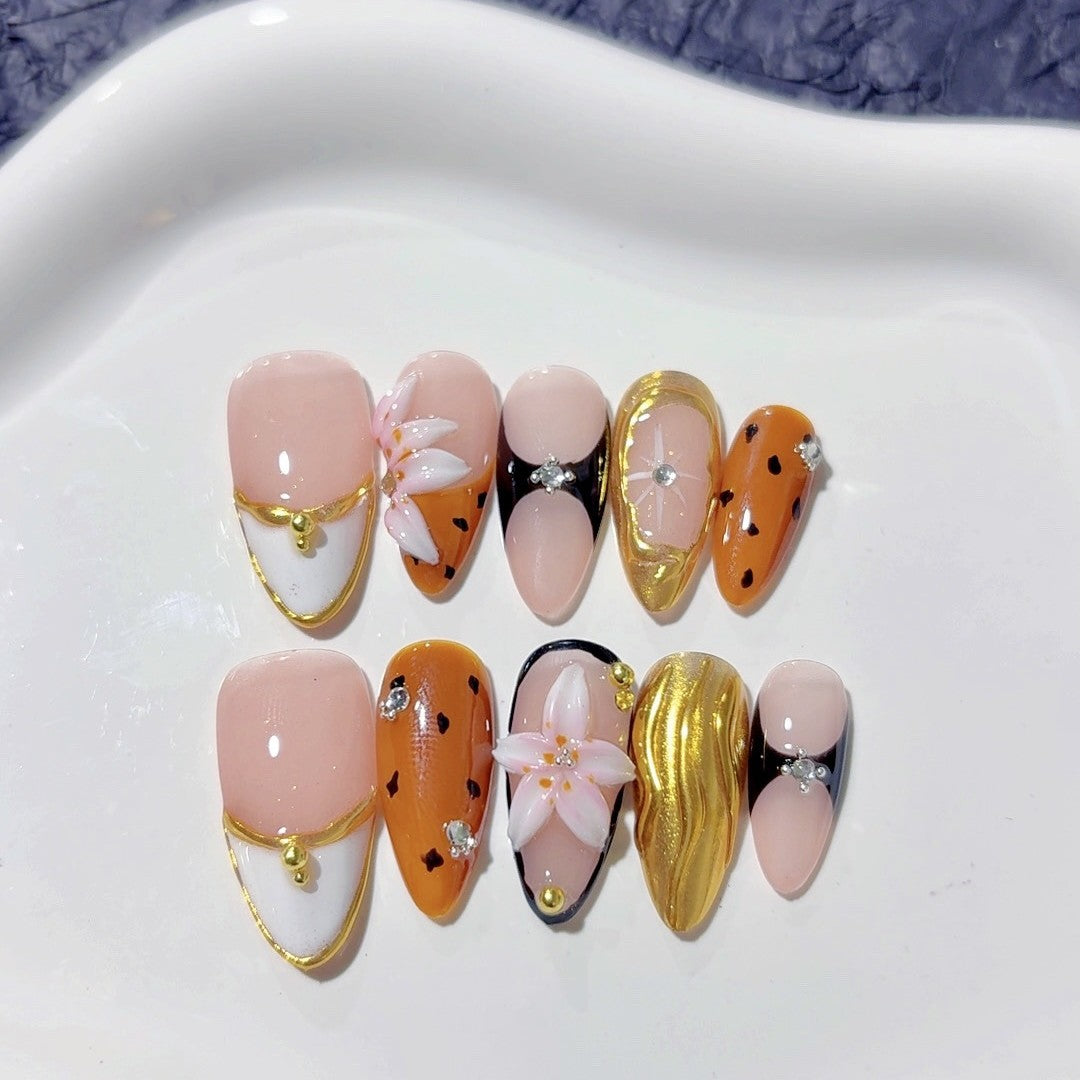 Wild Bloom: "Amber Leopard Lily" – Almond Press-On Nails