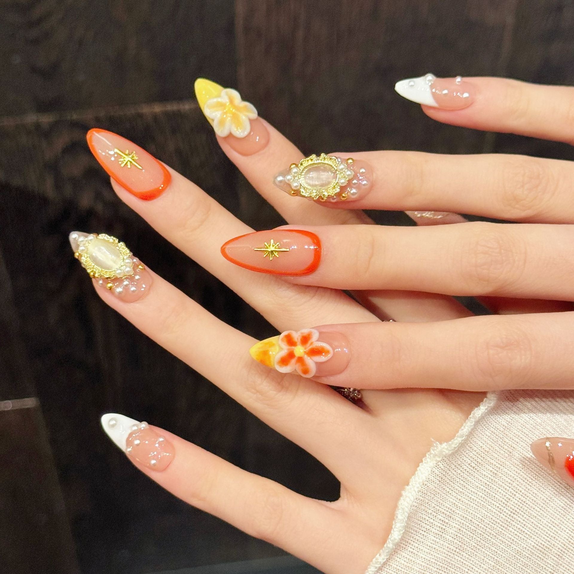 Tropical Flower Pearl Accent Press On Nails