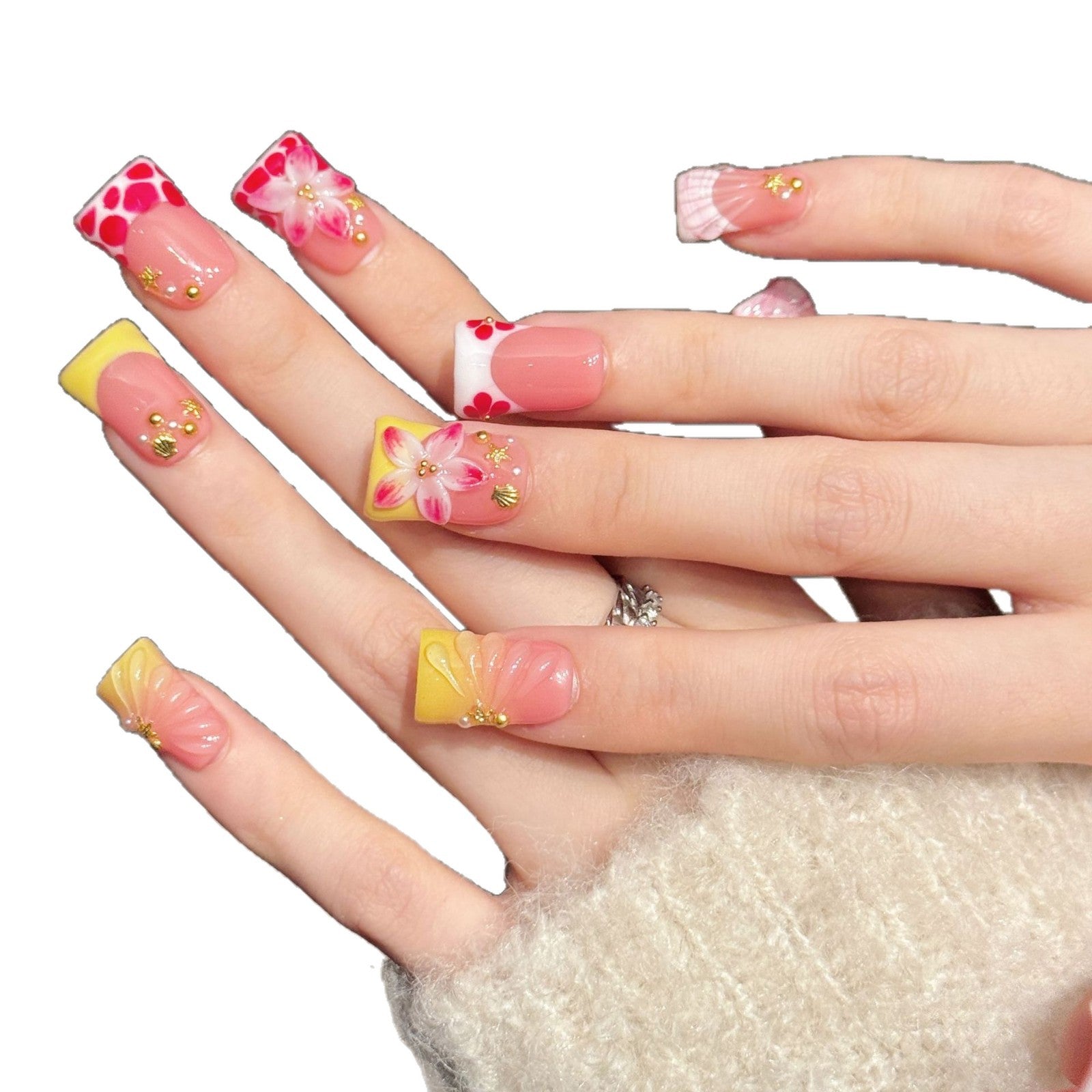 Pink Cherry Blossom Gold Duckbill Press On Nails