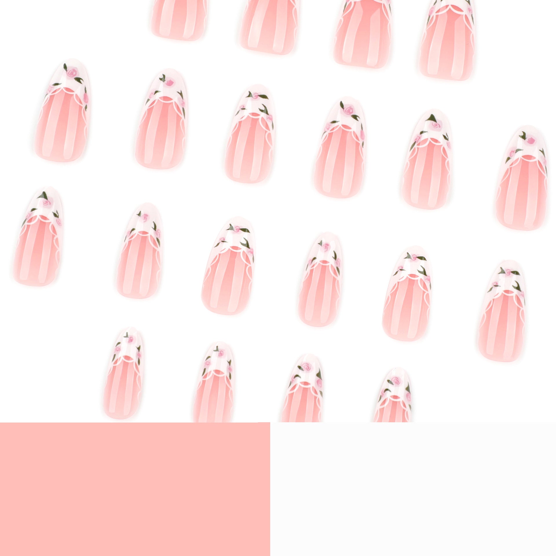 法式白色清新綠葉花朵簡約短款杏仁形穿戴甲｜365nails