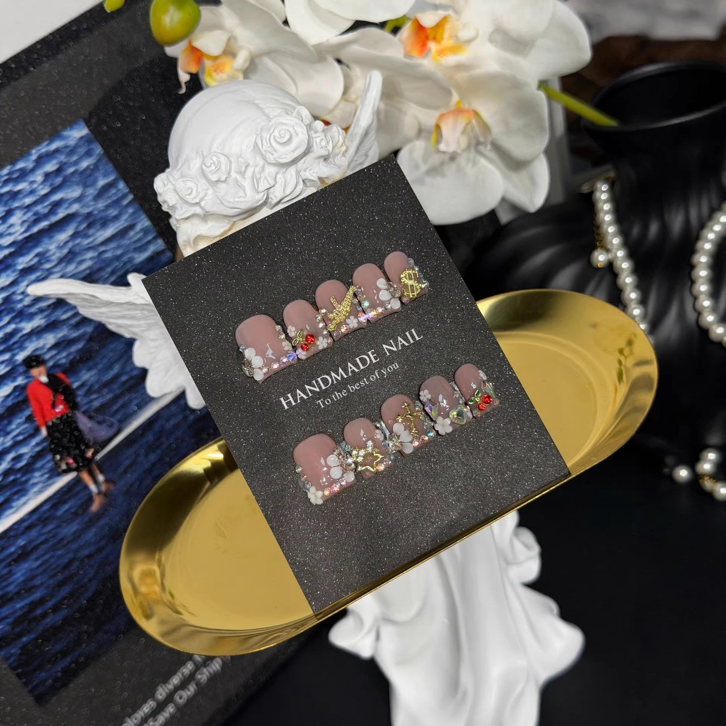 Royal Baroque Collection: "Golden Jewel" – Short Square Press-On Nails