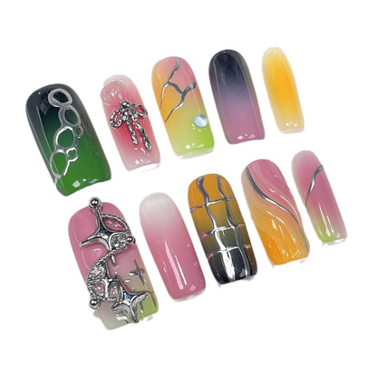 Adesivo de unha estilo blush Spice Girl, de cor média e longa, quadrado, feito à mão, com pistola de pulverização, multicolorido e com mudança gradual｜365nails