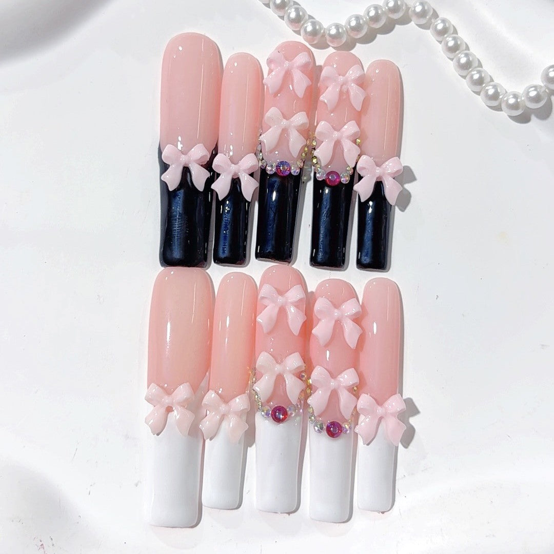 Unhas Postiças Longas e Elegantes com Laço Francês Preto