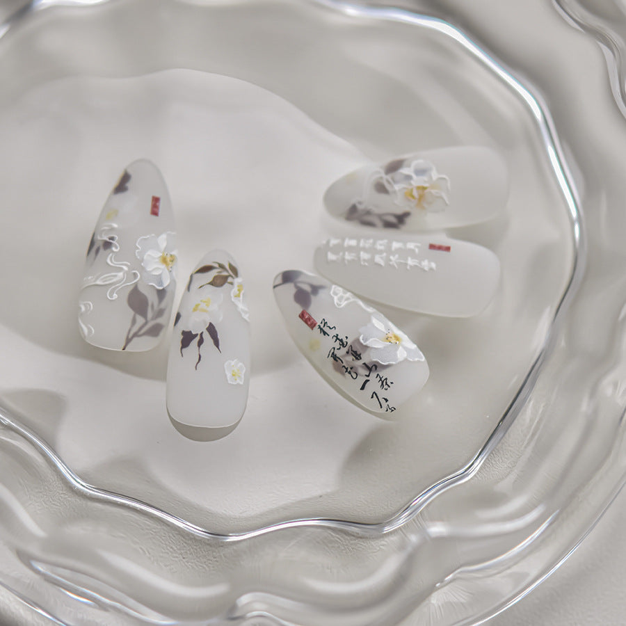 中式白山茶系列：「雅緻白山茶」— 3D 浮雕指甲貼