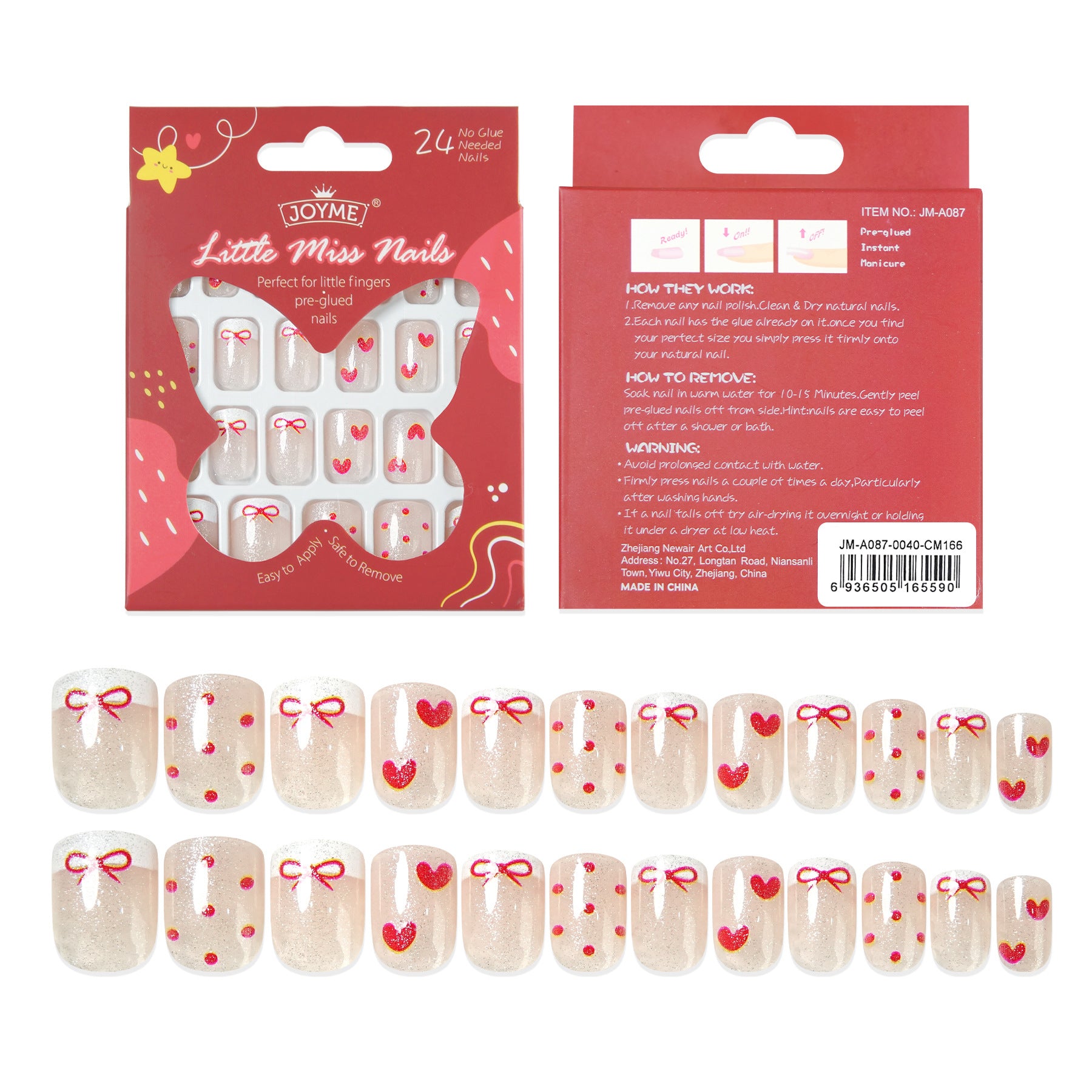 Kids press-on nails Red polka dot love glue-free 24 pieces white French nude spot