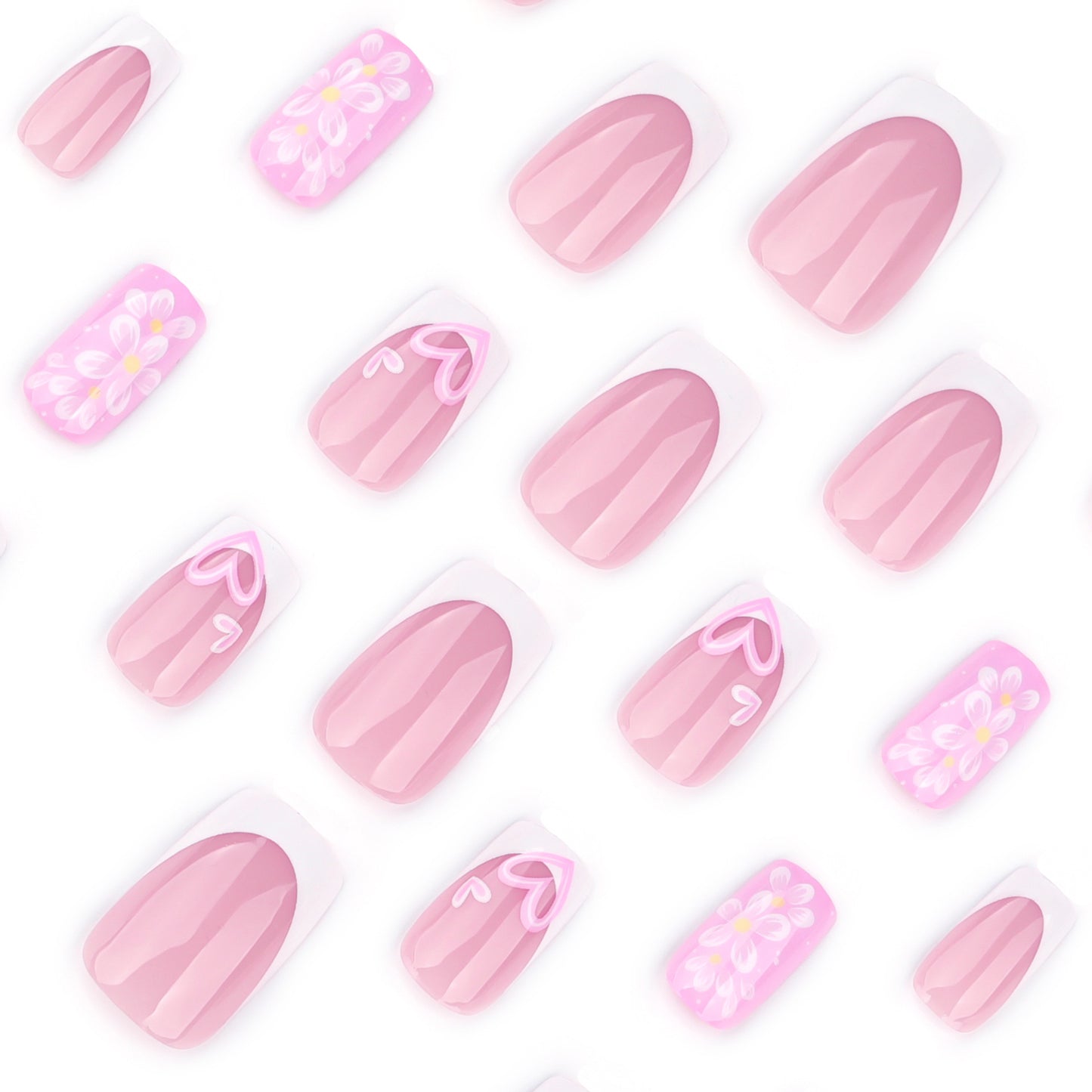 Spring and summer new products, flower love wearing nail French white manicure, medium and short square nail fake nail, hot-selling nail pieces in Europe and America｜365nails