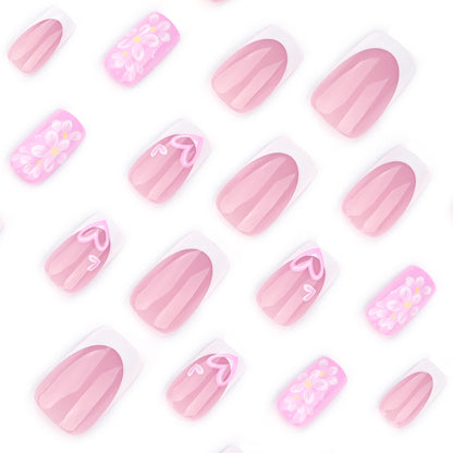 Spring and summer new products, flower love wearing nail French white manicure, medium and short square nail fake nail, hot-selling nail pieces in Europe and America｜365nails