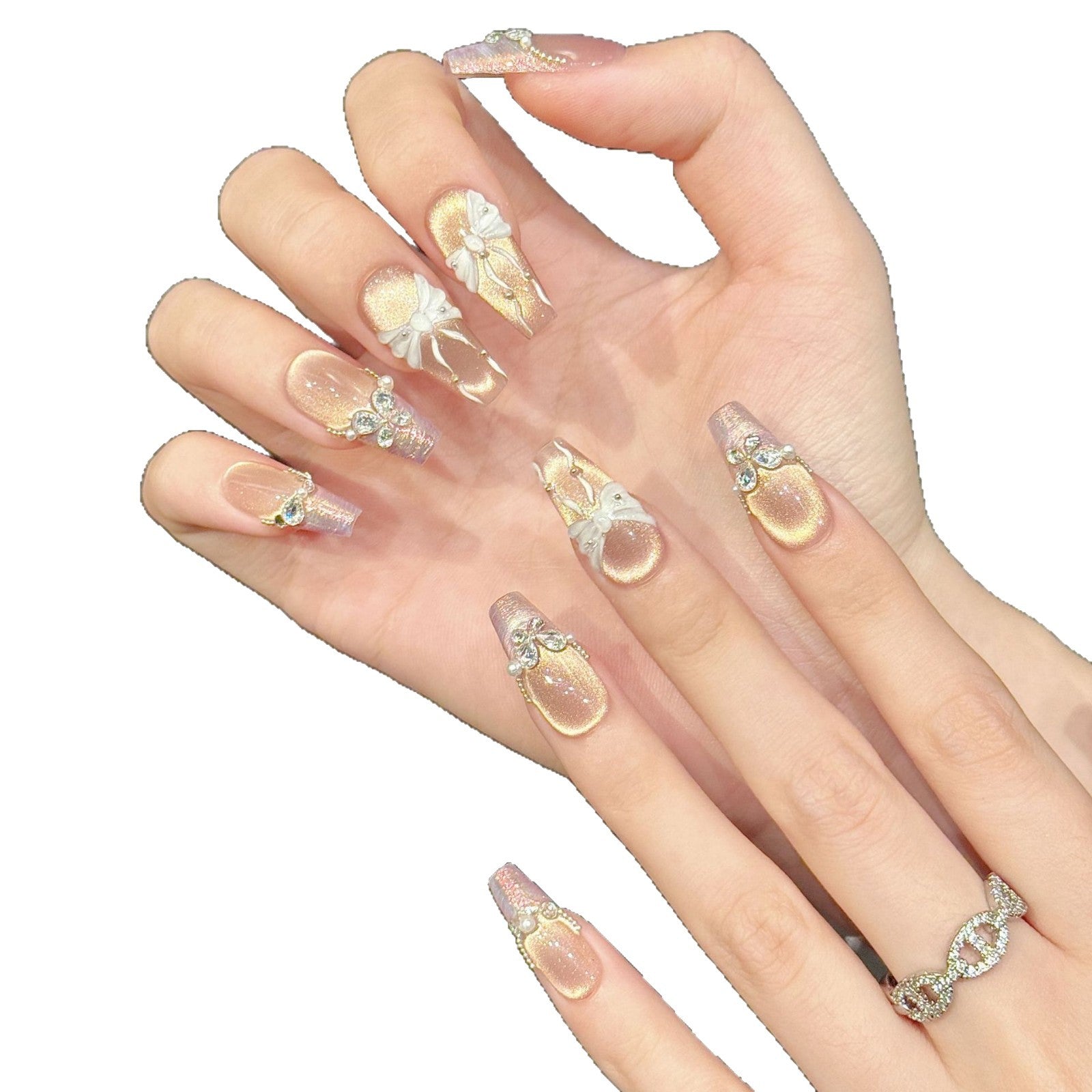 365nails: "Bailarina Ruborizada" – Uñas Almendradas Medianas Hechas a Mano con Moños 3D y Perlas