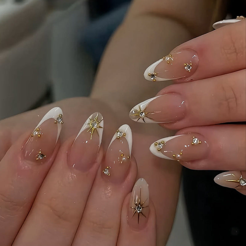 Nail art french white minimalist press-on nails with sparkling rhinestones