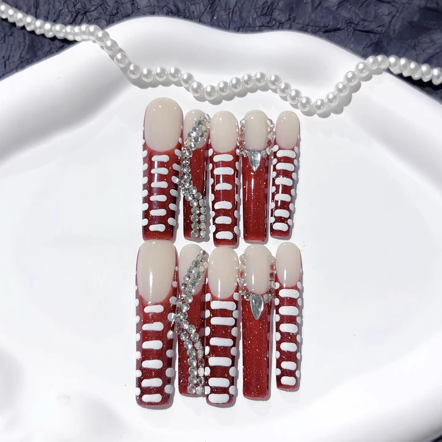 Red Linear Crystal Accent Modern Press On Nails