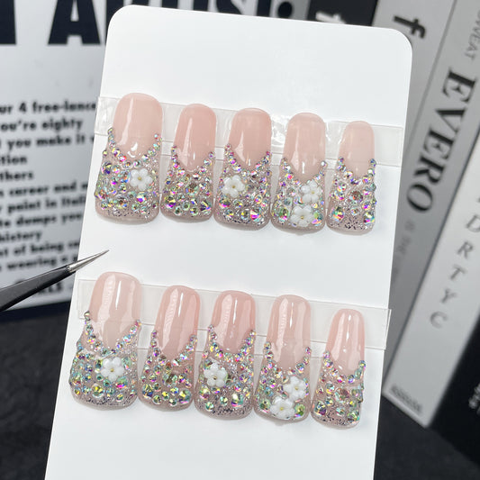 Unhas francesas longas, feitas à mão, com design de bico de pato, lindas, feias e fofas, cheias de diamantes e brilhantes, usando unhas postiças｜365nails