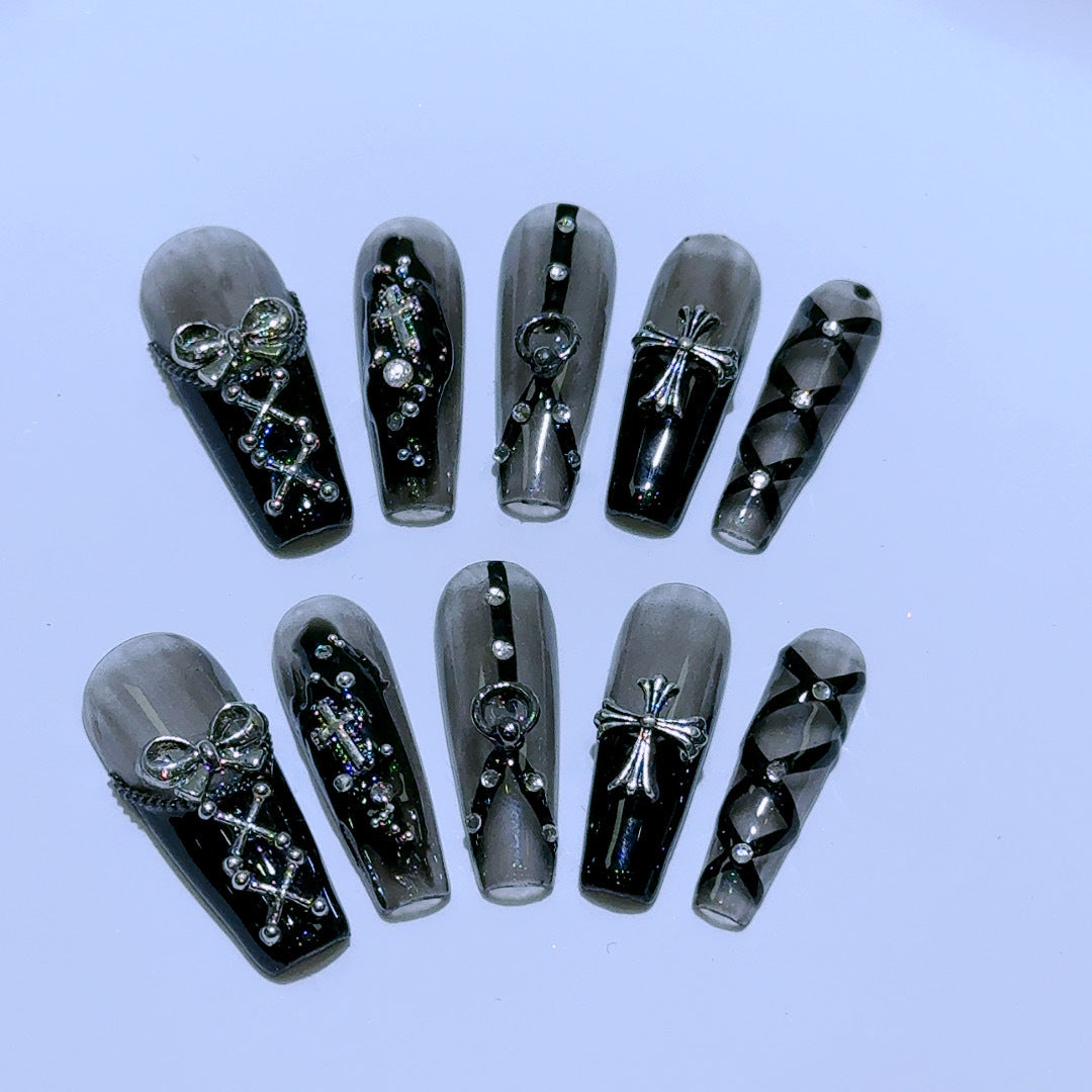 Gothic Press-On Nails with Silver Bows, Chains and Crystal Crosses