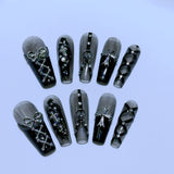 Gothic Press-On Nails with Silver Bows, Chains and Crystal Crosses