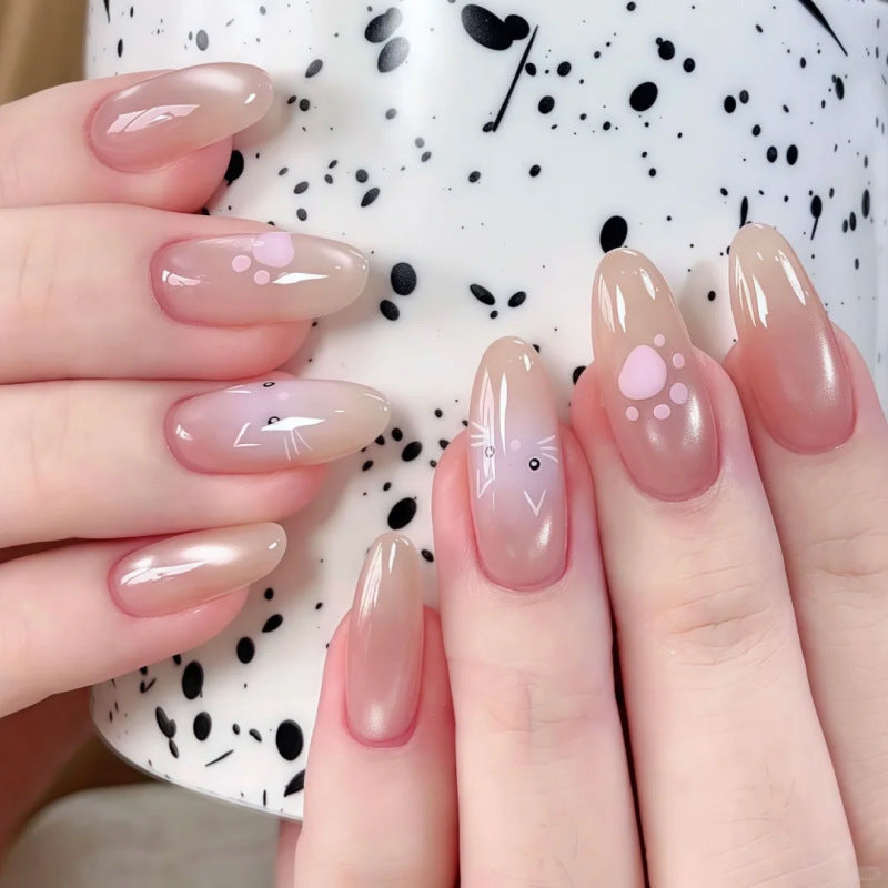 Nude cat eye flash pink cat paw print sweet cat press-on nails