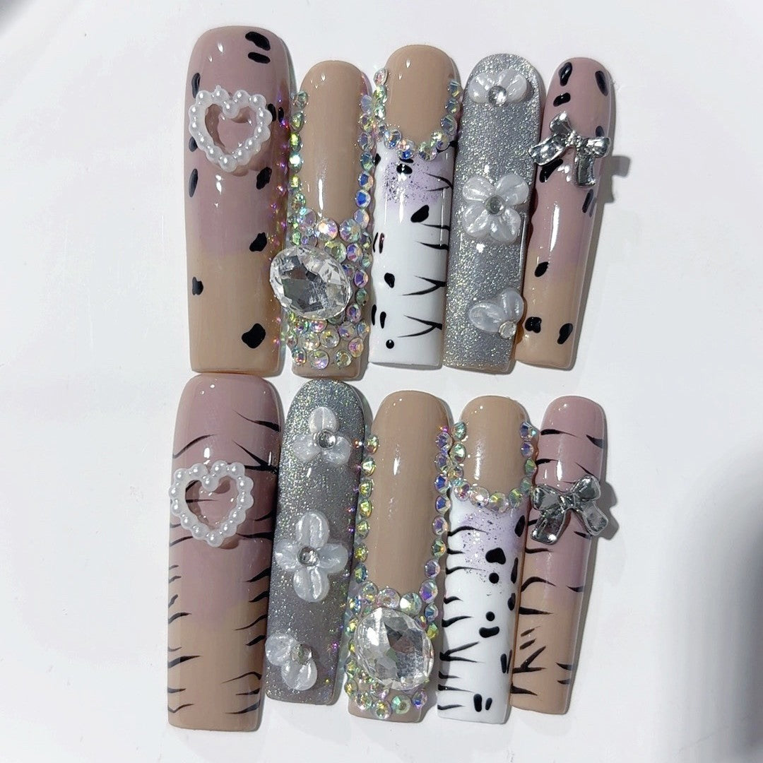 Neutral Leopard Crystal Floral Press On Nail Set