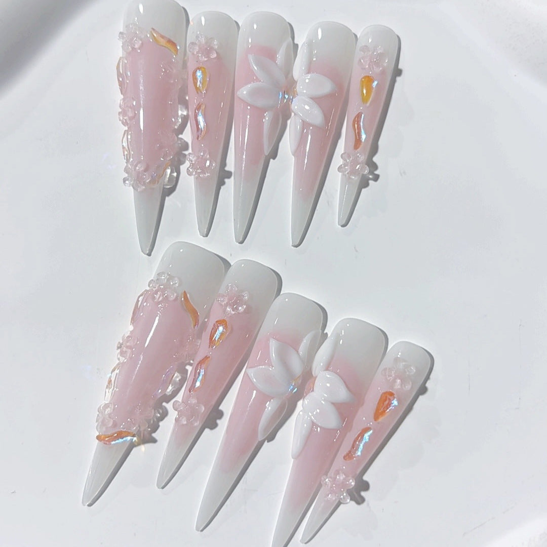 Unhas Postiças Extra Longas Stiletto Floral Rosa Suave