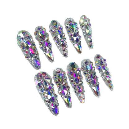 Adesivo de unha postiço Flash Handmade K9 Aurora AB Symphony com ponta longa e diamante completo para unhas vestíveis ｜ 365nails