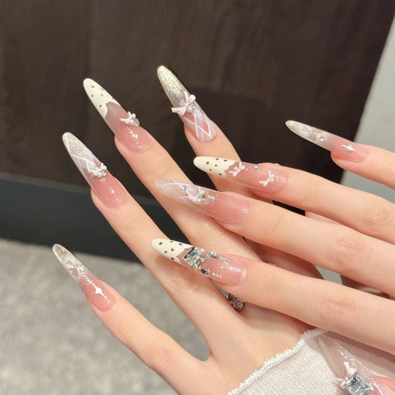 Pink Ribbon Glitter Vintage Sweet Press On Nails