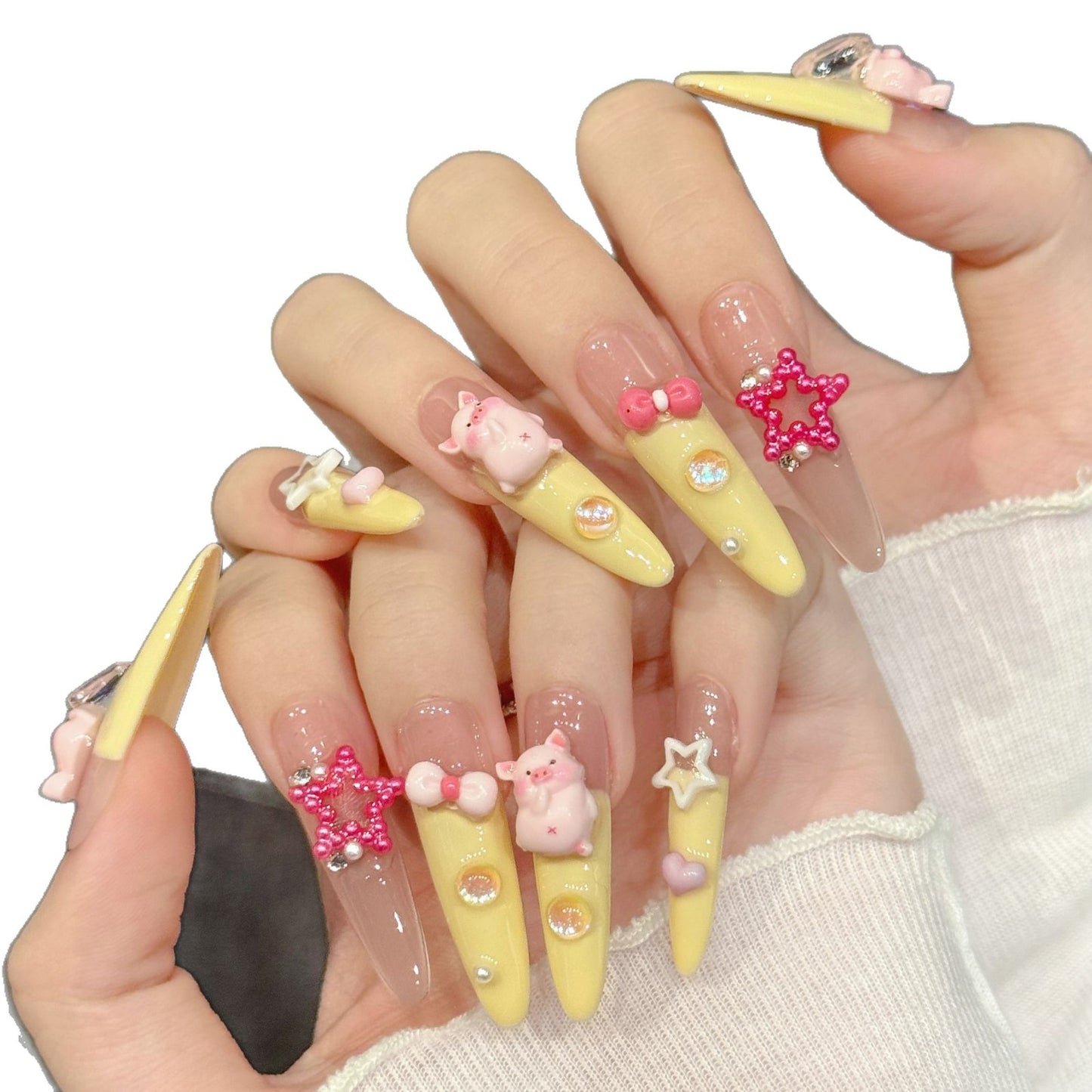 Cute Pig Charm Nails with Soft Pastel Tones