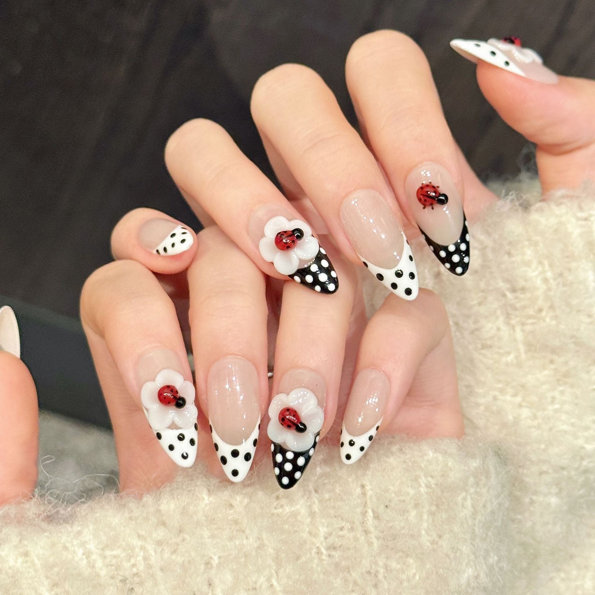 365nails: "Ladybug Bloom" – 3D Floral & Polka Dot Handmade Press on Nails Short Coffin Nails