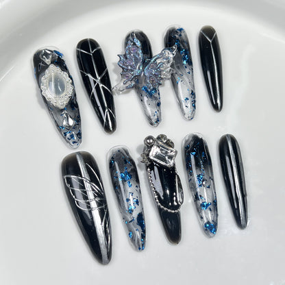 Handmade press on nails Dark Night Butterfly Mysterious Atmosphere Shattered Creative Hand-painted Nail Art Finished Patch｜365nails