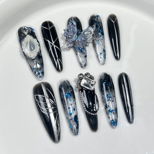 Handmade press on nails Dark Night Butterfly Mysterious Atmosphere Shattered Creative Hand-painted Nail Art Finished Patch｜365nails