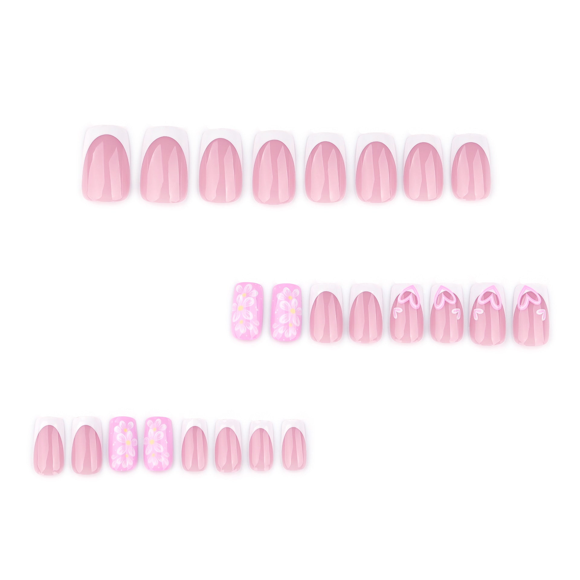 Nouveaux produits printemps et été, amour floral, manucure française blanche, faux ongle carré moyen et court, pièces d'ongles très demandées en Europe et Amérique｜365nails