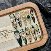 365nails: "Emerald Majesty" – 3D Gemstone & Filigree Handmade Long Almond Nails