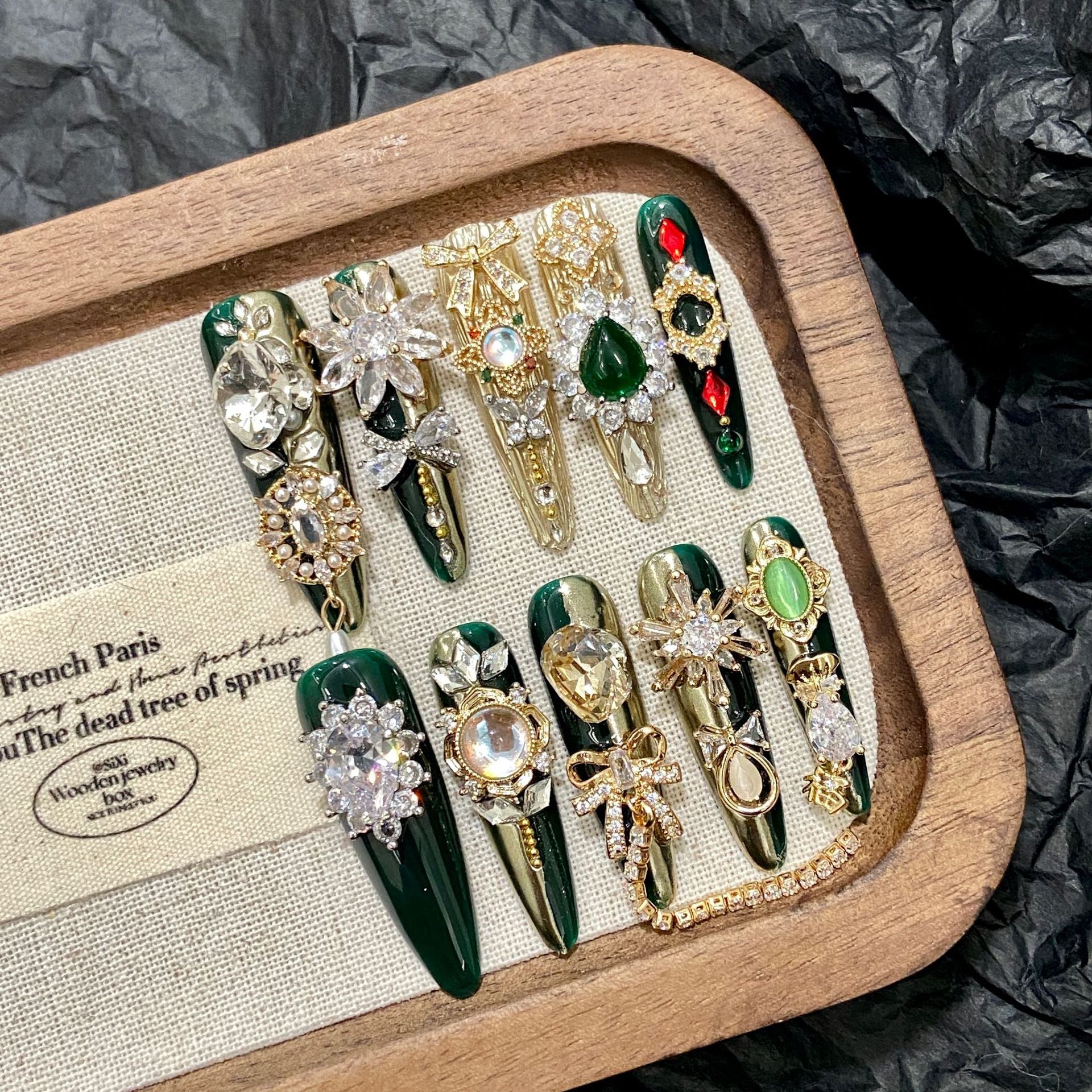 365nails: "Emerald Majesty" – 3D Gemstone & Filigree Handmade Long Almond Nails