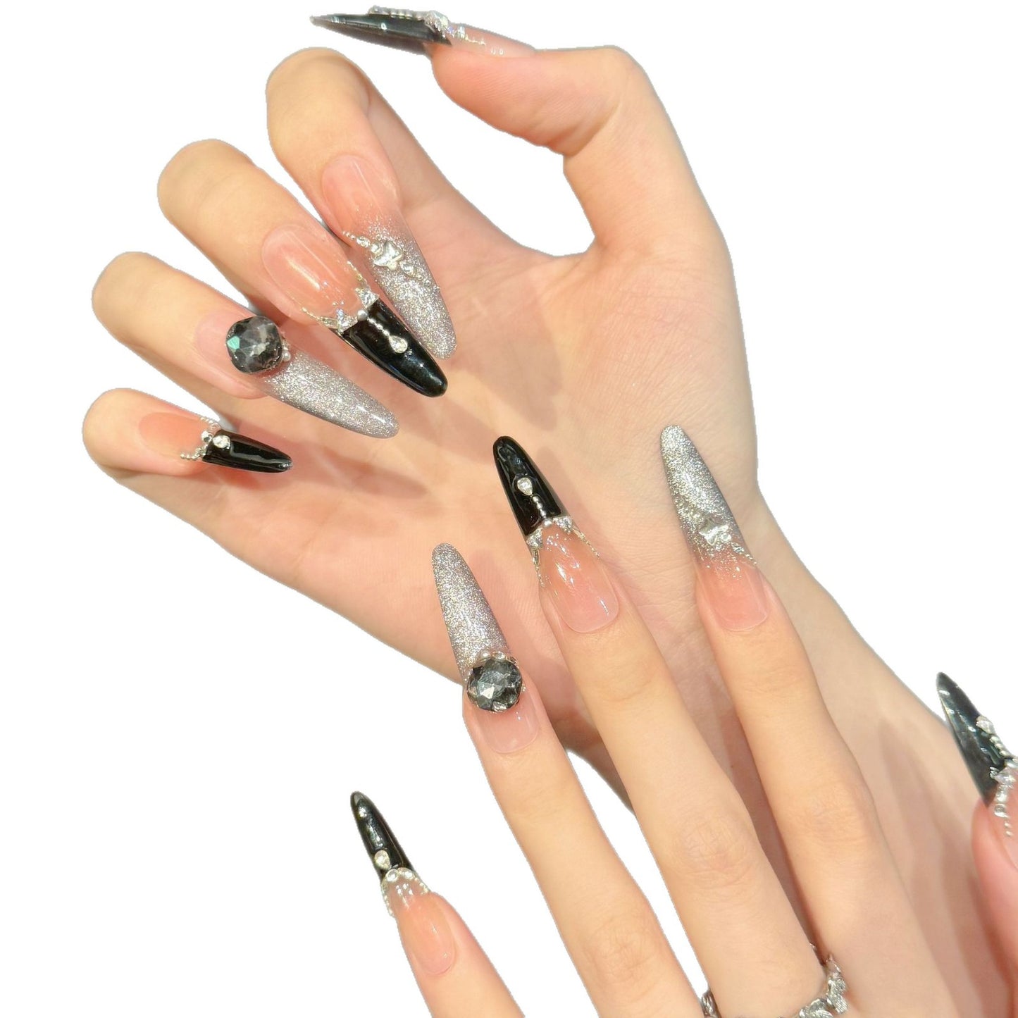 365nails: "Midnight Soirée" – Glitter French Tip & 3D Gem Handmade Long Almond Nails