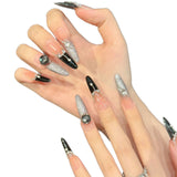 365nails: "Midnight Soirée" – Glitter French Tip & 3D Gem Handmade Long Almond Nails