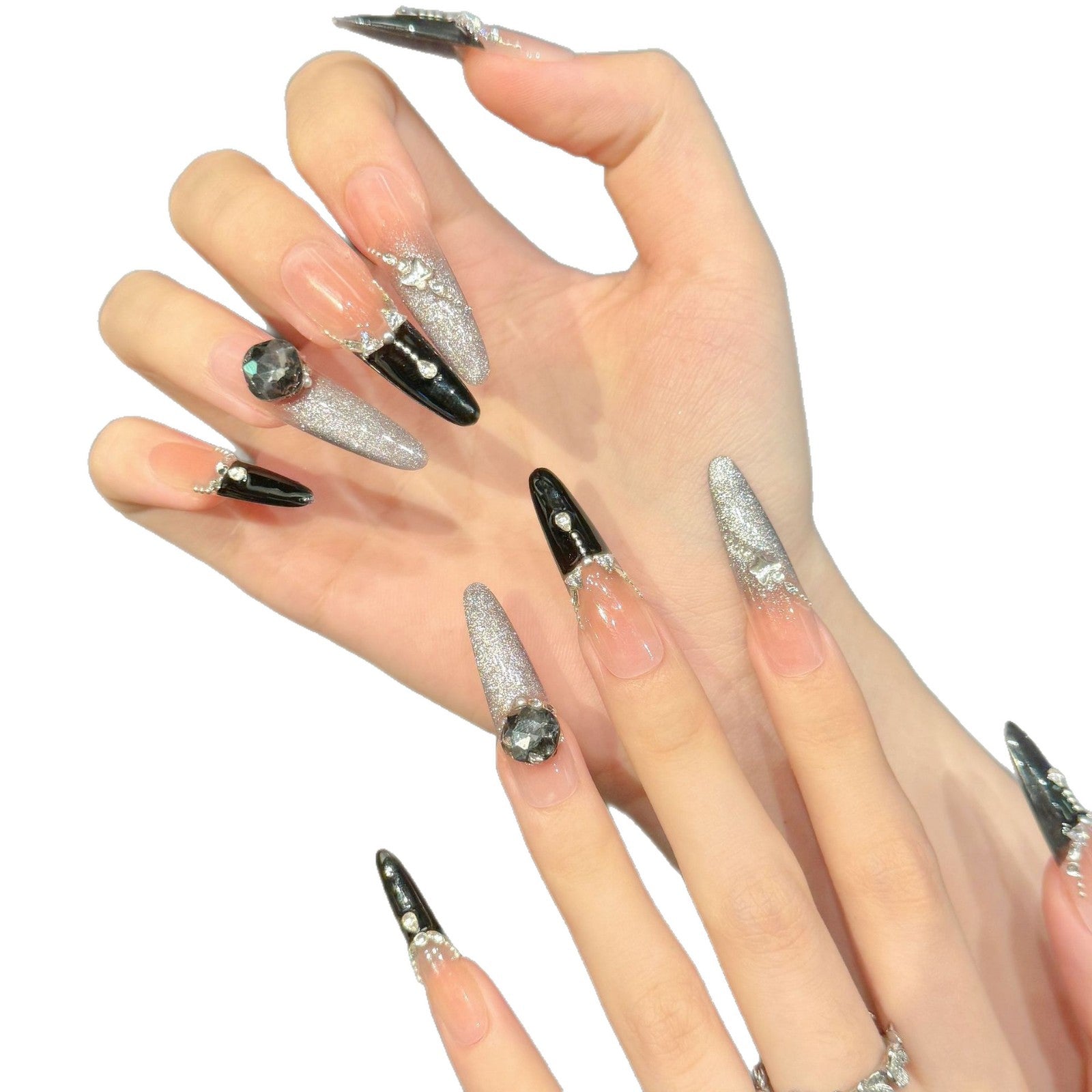 365nails: "Midnight Soirée" – Glitter French Tip & 3D Gem Handmade Long Almond Nails