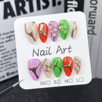 Handmade press-on nails fluorescent contrasting color hand-painted relief magic mirror powder short nail art finished patch  fake nails｜365nails