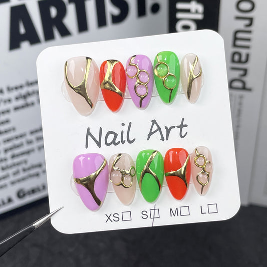Handmade press-on nails fluorescent contrasting color hand-painted relief magic mirror powder short nail art finished patch  fake nails｜365nails