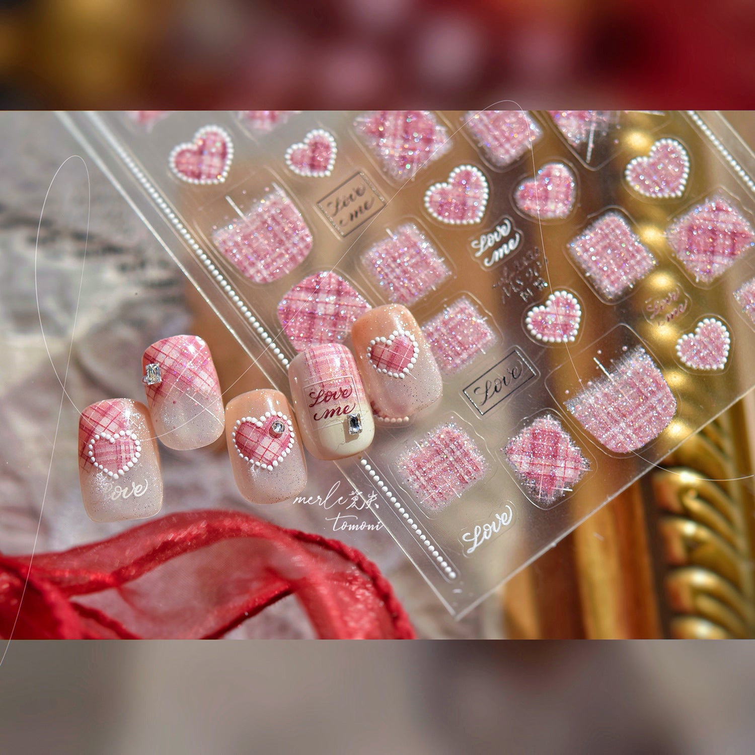 Holographic Tweed Nail Stickers – 3D Embossed Pink & Red Heart Set