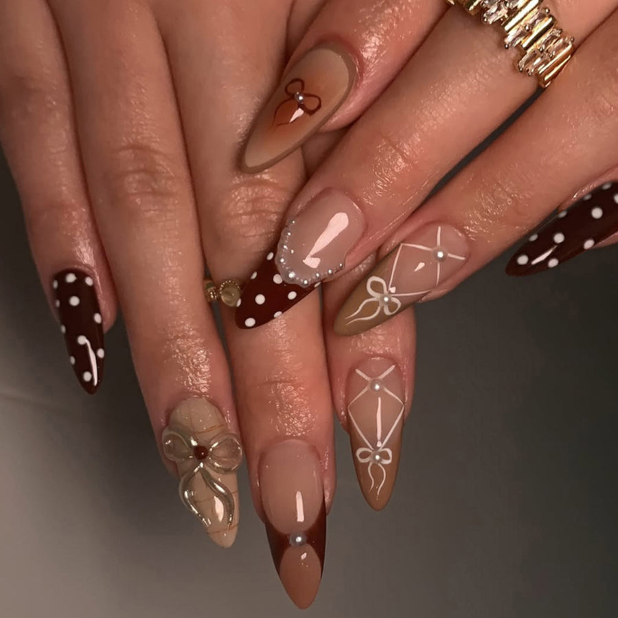 Brown Bow Art Nails with Playful Dot Details