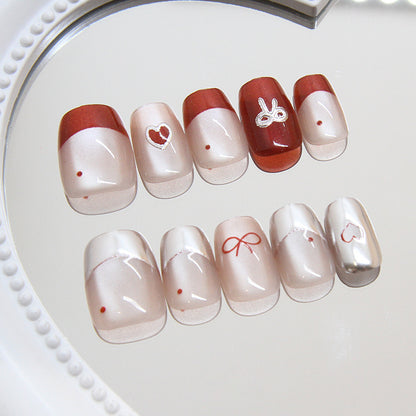 Nail Tips  prefabricated nail three-dimensional French cat eye love bow vitality girl white short nail art pieces 30 pieces｜365nails