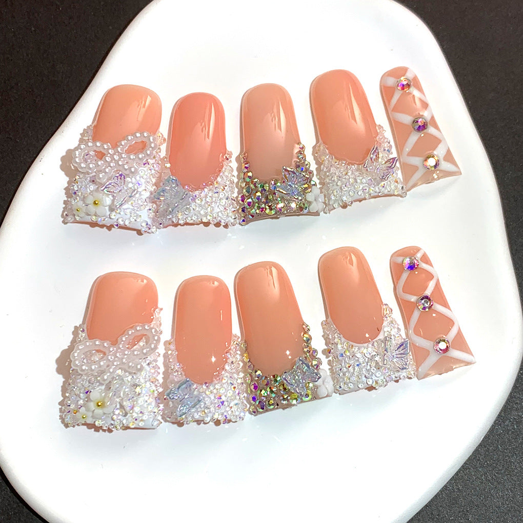 蜜桃色水晶糖霜蕾絲法式穿戴甲