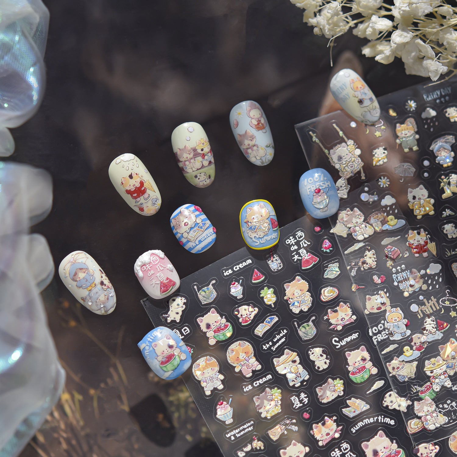 365nails: "Summer Cat Snack Embossed Set" – Nail Art Stickers