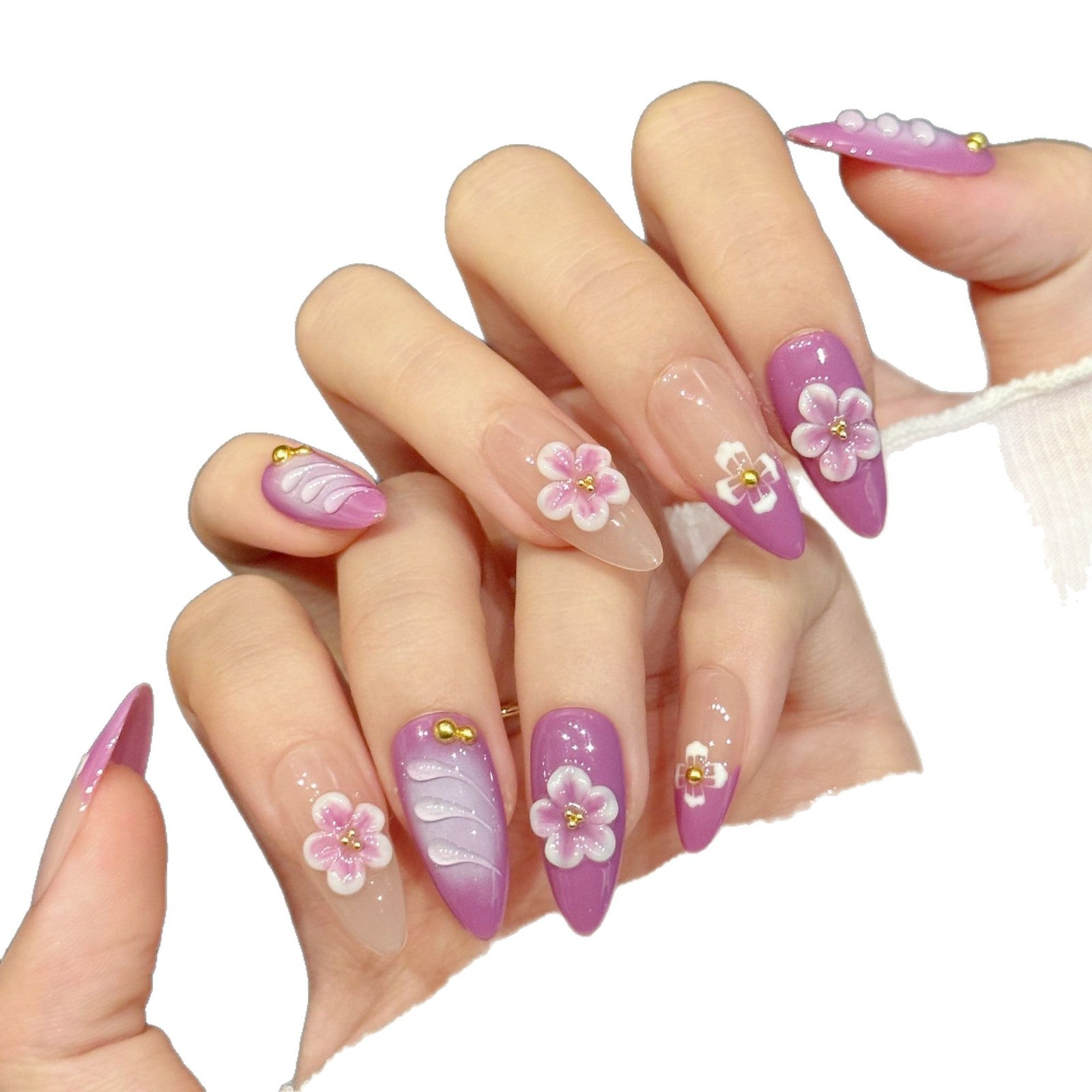 365nails: "Sakura Blush" – Unhas Postiças Amêndoa Longas com Flores 3D Pintadas à Mão