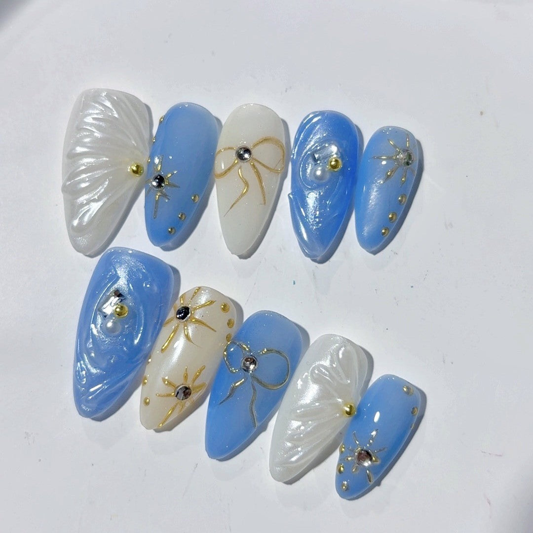 365nails: "Oceanic Bow & Shell" – Medium Almond Blue-White Marine Handmade Press-On Nails